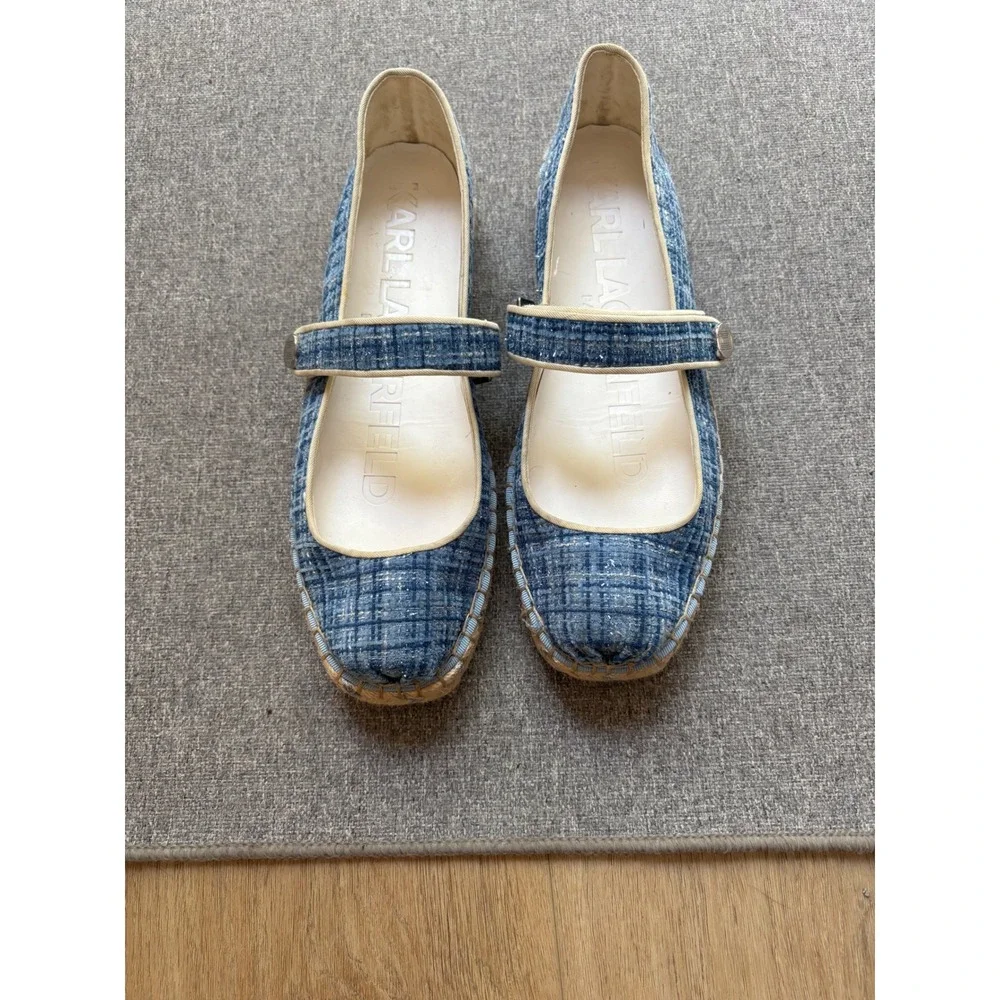 Karl Lagerfeld Paris Mikai Blue Tweed Espadrille Mary Jane Flats US 7.5M